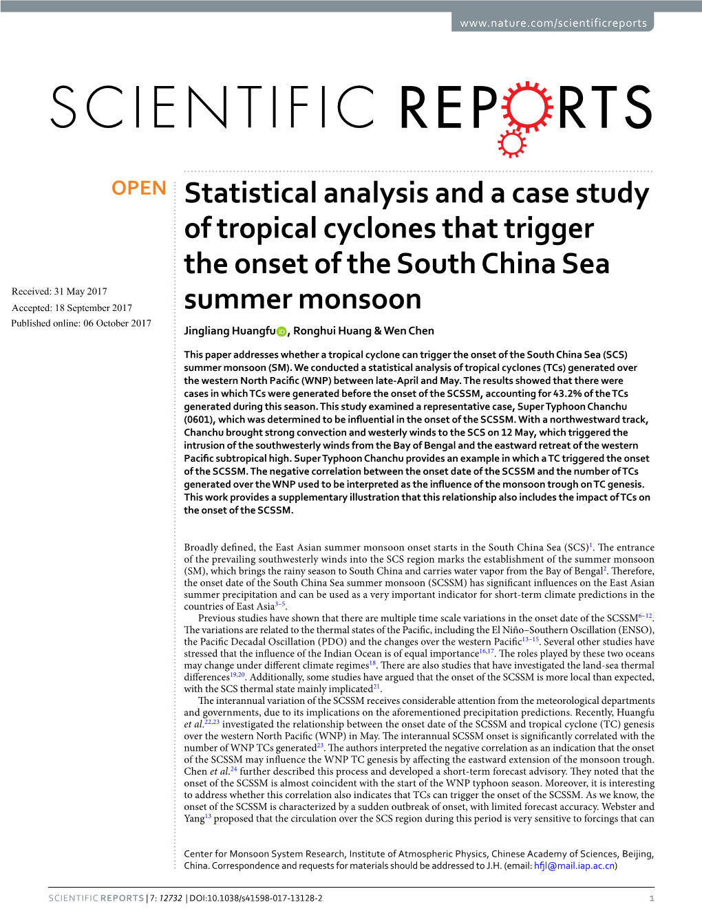 Statistical Analysis and a Case Study of Tropical Cyclones That Trigger the Onset of the South China Sea Summer Monsoon