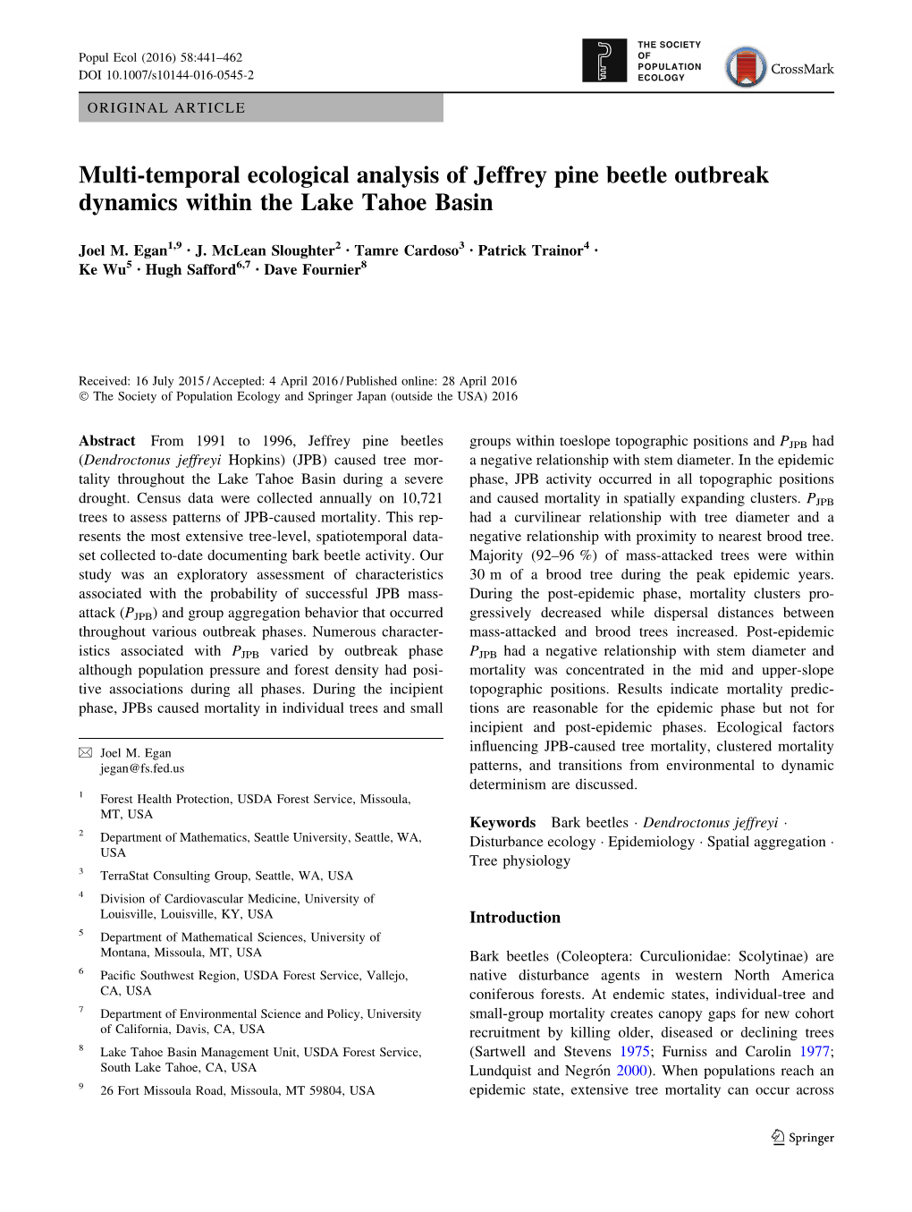 Multi-Temporal Ecological Analysis of Jeffrey Pine Beetle Outbreak Dynamics Within the Lake Tahoe Basin