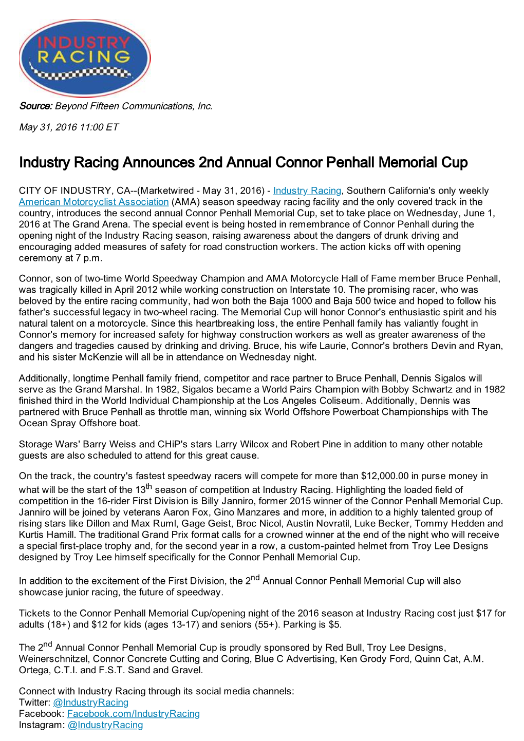 Industry Racing Announces 2Nd Annual Connor Penhall Memorial Cup