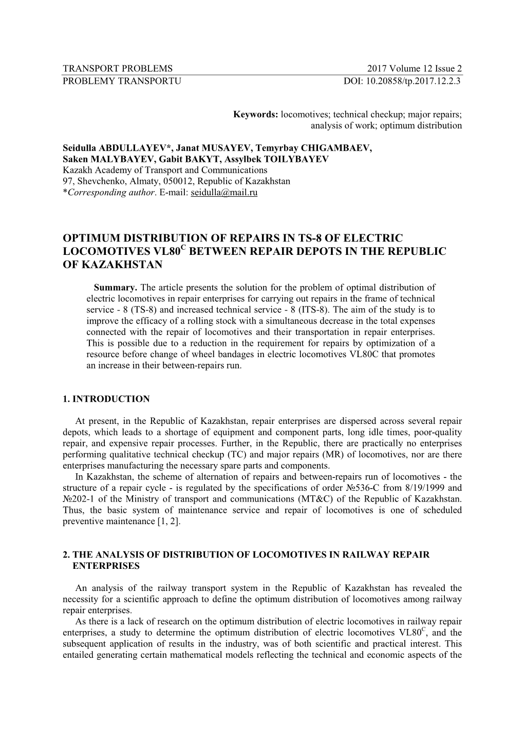 Optimum Distribution of Repairs in Тs-8 of Electric Locomotives Vl80с Between Repair Depots in the Republic of Kazakhstan