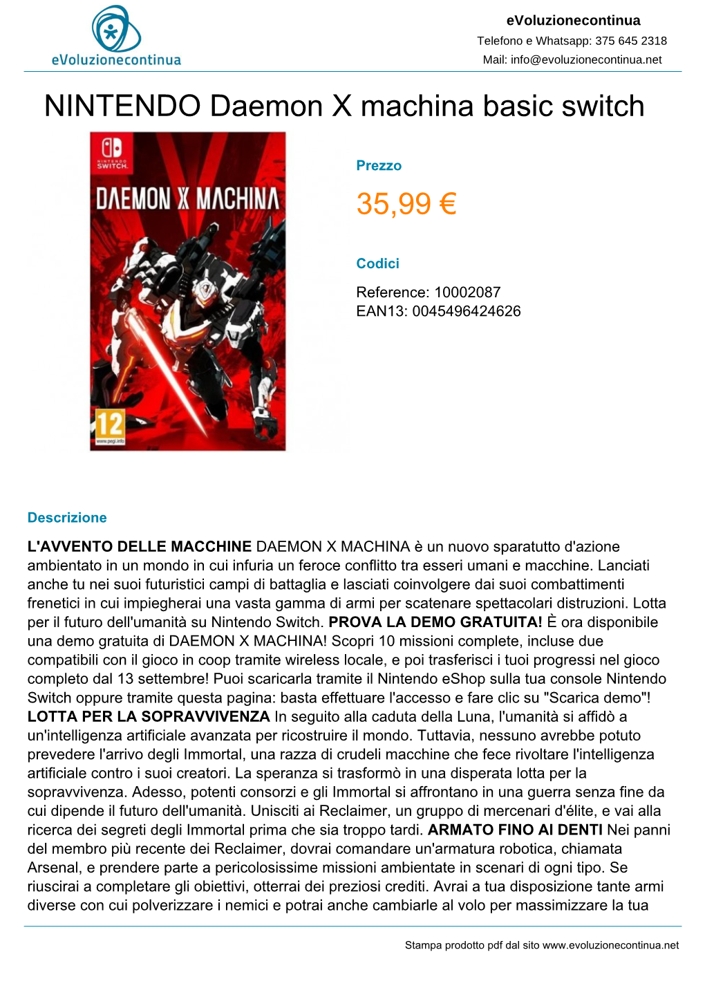 Nintendo Daemon X Machina Basic Nintendo Switch 35,99 €