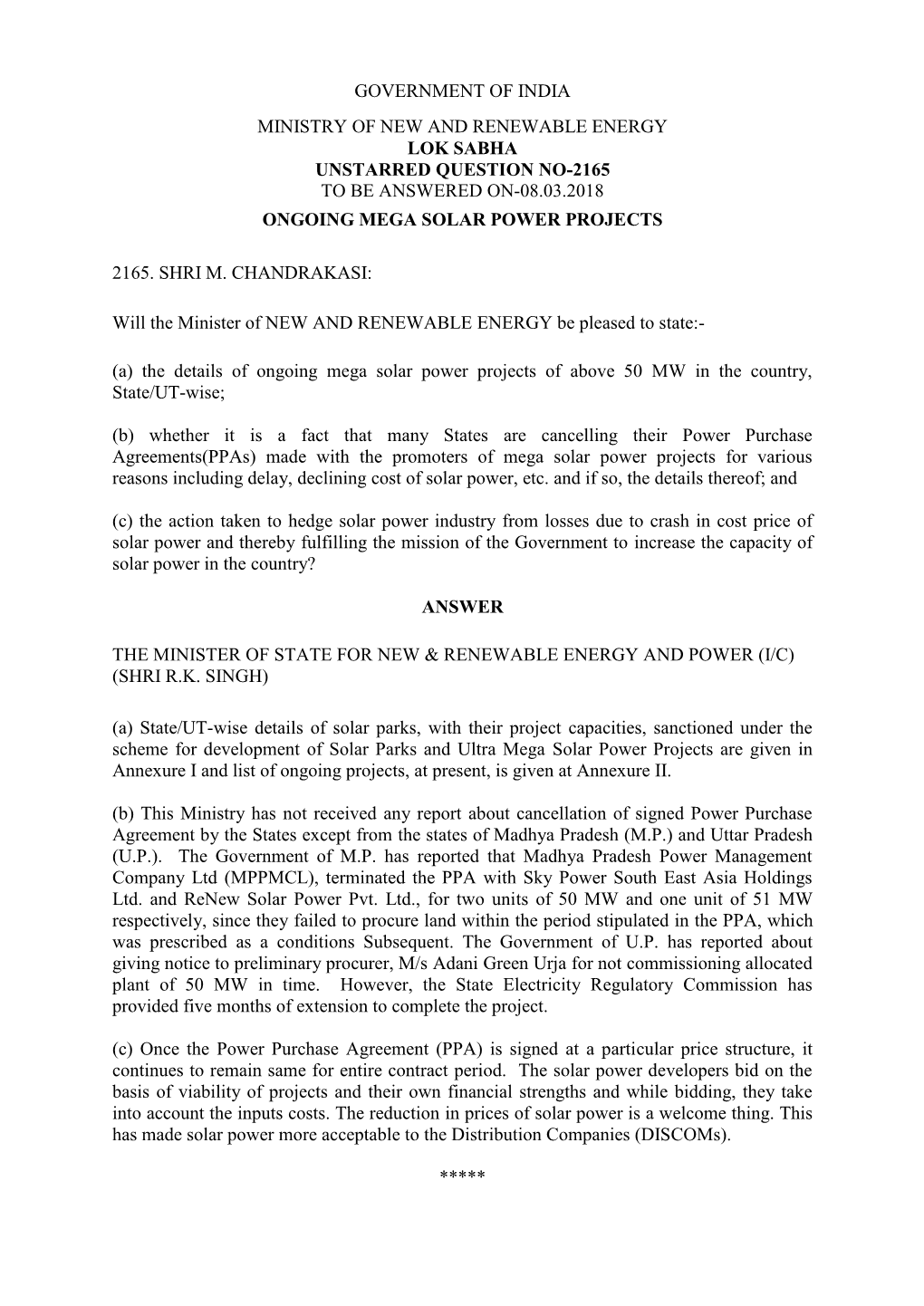 Government of India Ministry of New and Renewable Energy Lok Sabha Unstarred Question No-2165 to Be Answered On-08.03.2018