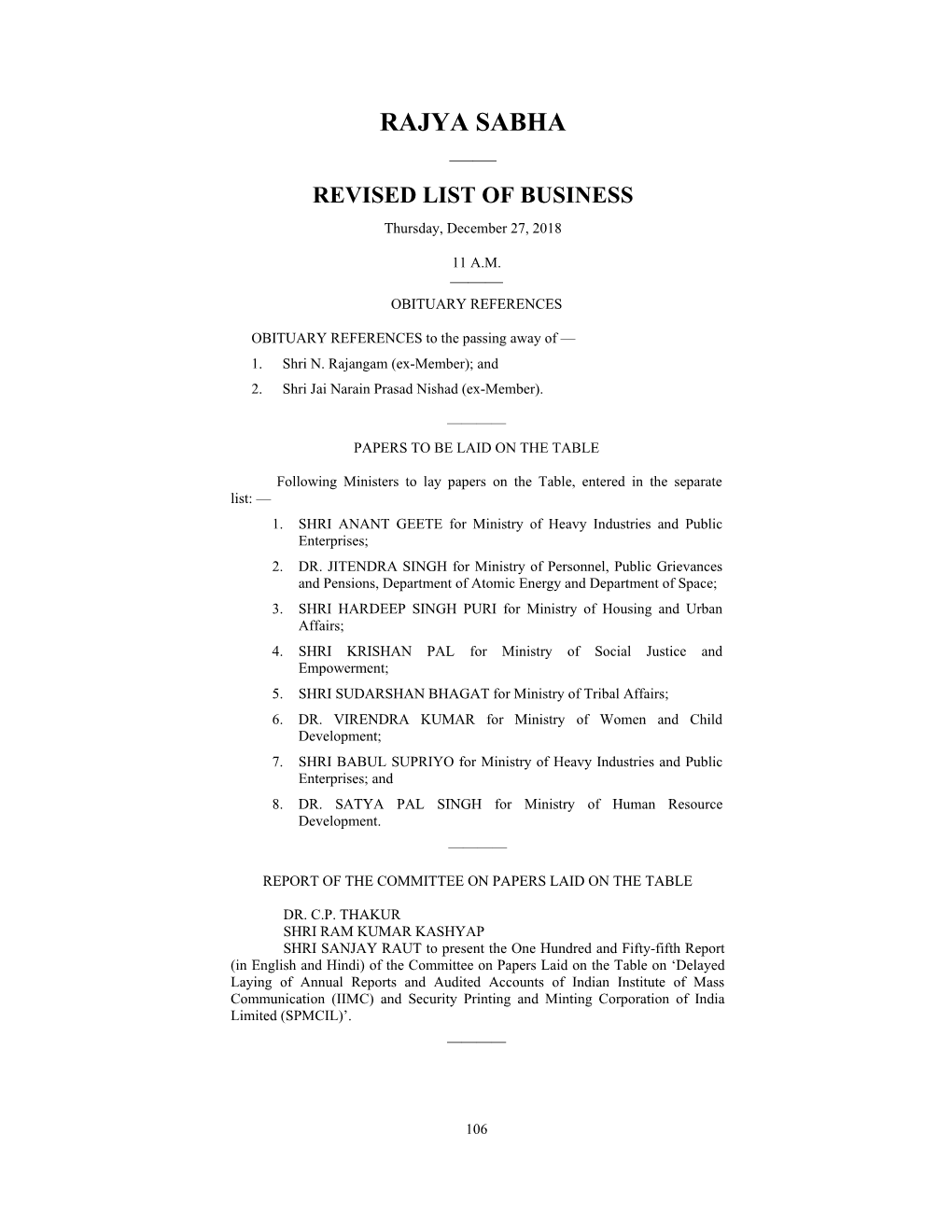 Rajya Sabha —— Revised List of Business