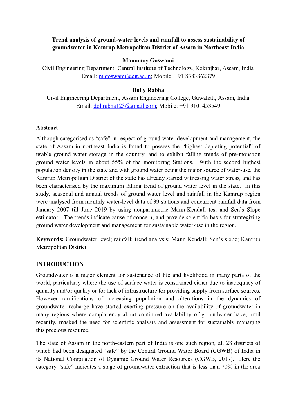 Trend Analysis of Ground-Water Levels and Rainfall to Assess Sustainability of Groundwater in Kamrup Metropolitan District of Assam in Northeast India