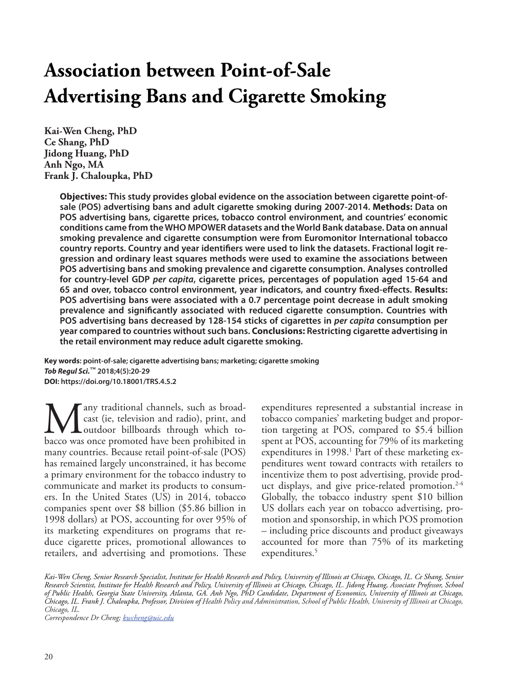 Association Between Point-Of-Sale Advertising Bans and Cigarette Smoking