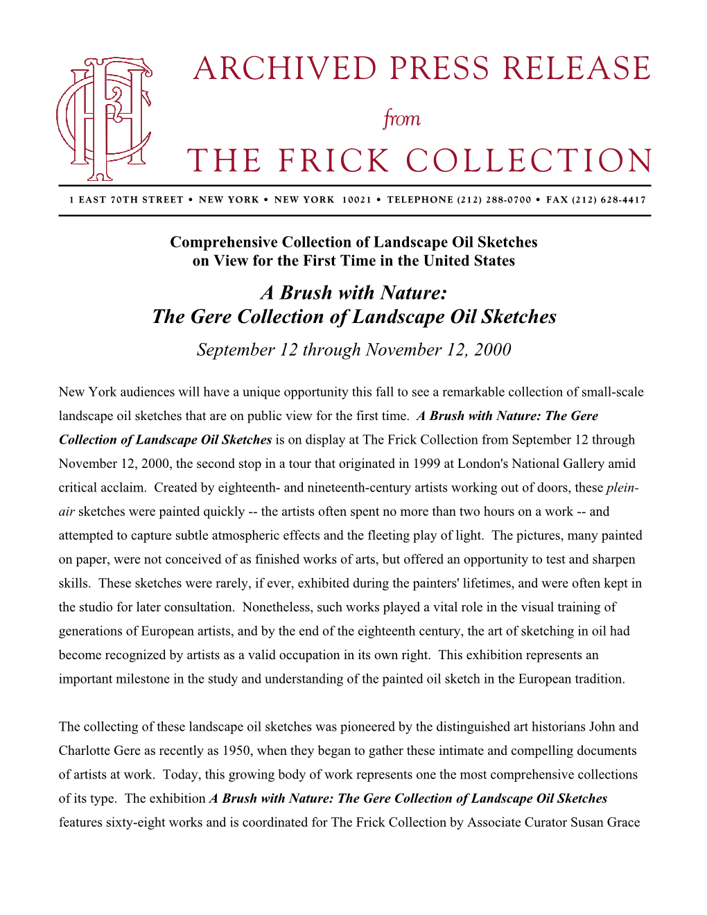 Archived Press Release the Frick Collection