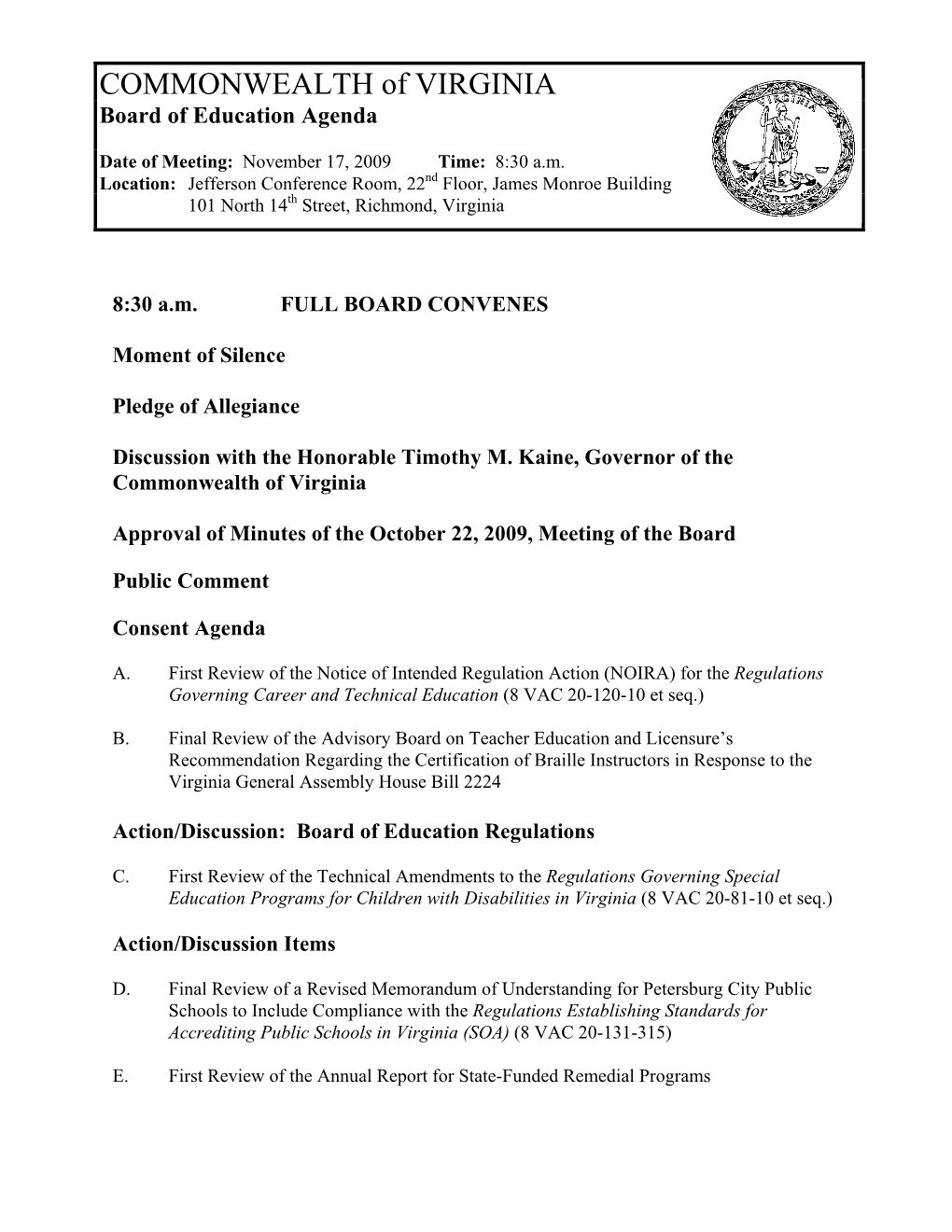 COMMONWEALTH of VIRGINIA Board of Education Agenda