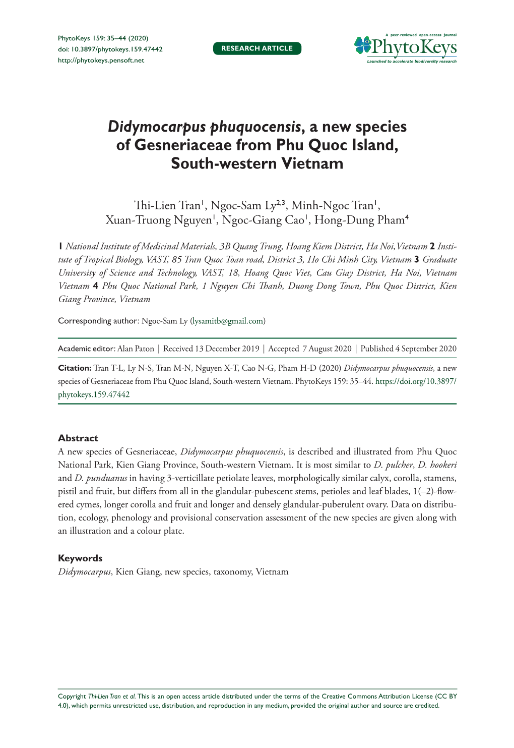 Didymocarpus Phuquocensis, a New Species of Gesneriaceae from Phu Quoc Island, South-Western Vietnam