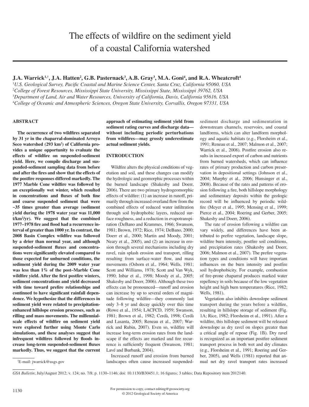 The Effects of Wildfire on the Sediment Yield of a Coastal