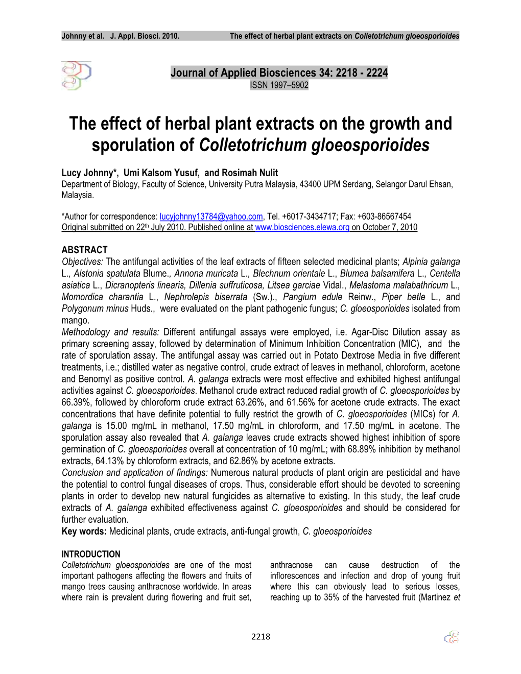 The Effect of Herbal Plant Extracts on the Growth and Sporulation of Colletotrichum Gloeosporioides