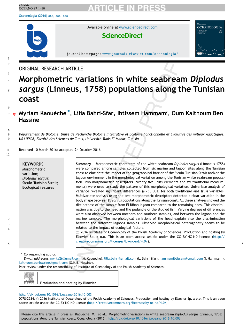 Morphometric Variations in White Seabream Diplodus Sargus (Linneus, 1758)