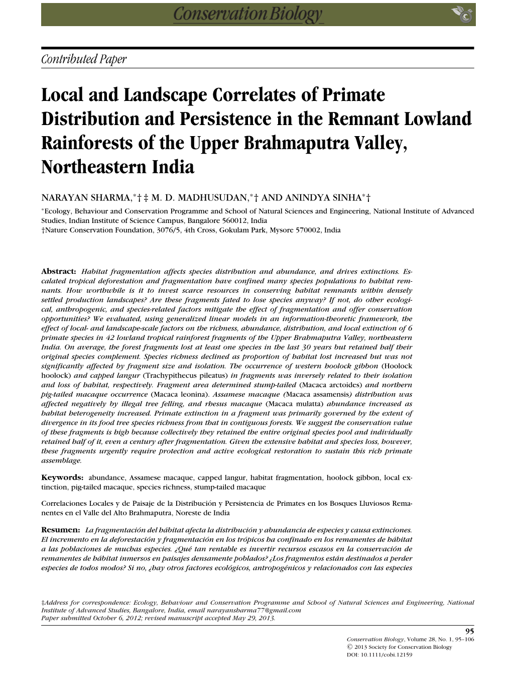Local and Landscape Correlates of Primate Distribution and Persistence in the Remnant Lowland Rainforests of the Upper Brahmaputra Valley, Northeastern India