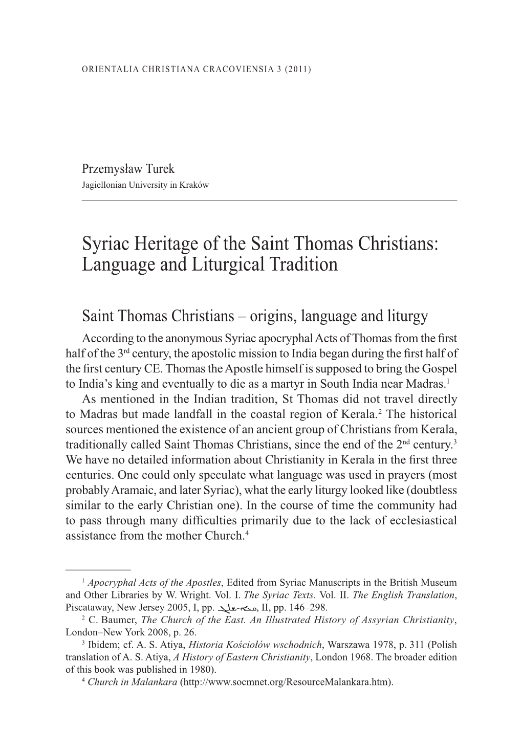 Syriac Heritage of the Saint Thomas Christians: Language and Liturgical Tradition