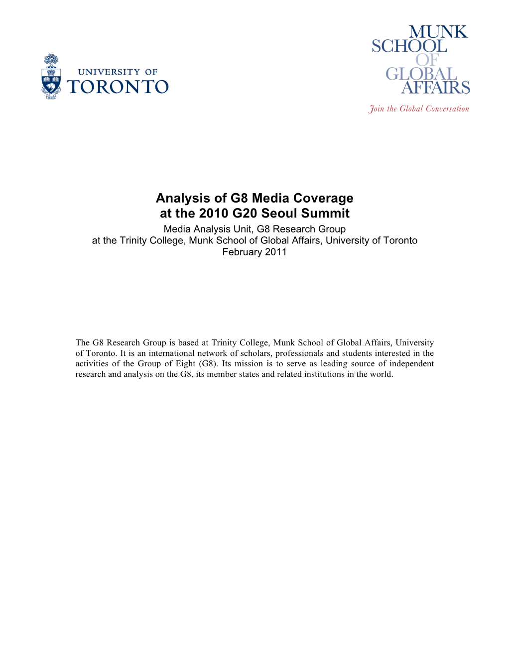 Analysis of G8 Media Coverage at the 2010 G20 Seoul Summit