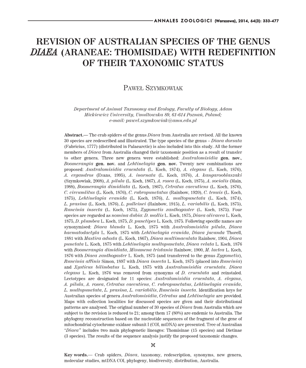 Revision of Australian Species of the Genus Diaea (Araneae: Thomisidae) with Redefinition of Their Taxonomic Status