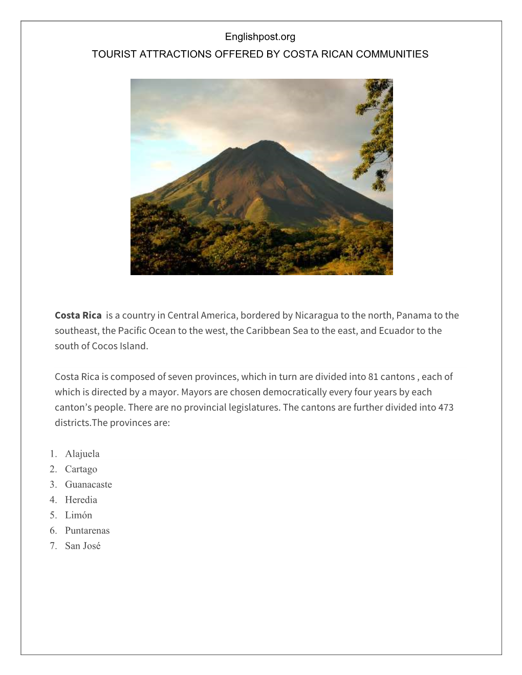 Englishpost.Org TOURIST ATTRACTIONS OFFERED by COSTA RICAN COMMUNITIES