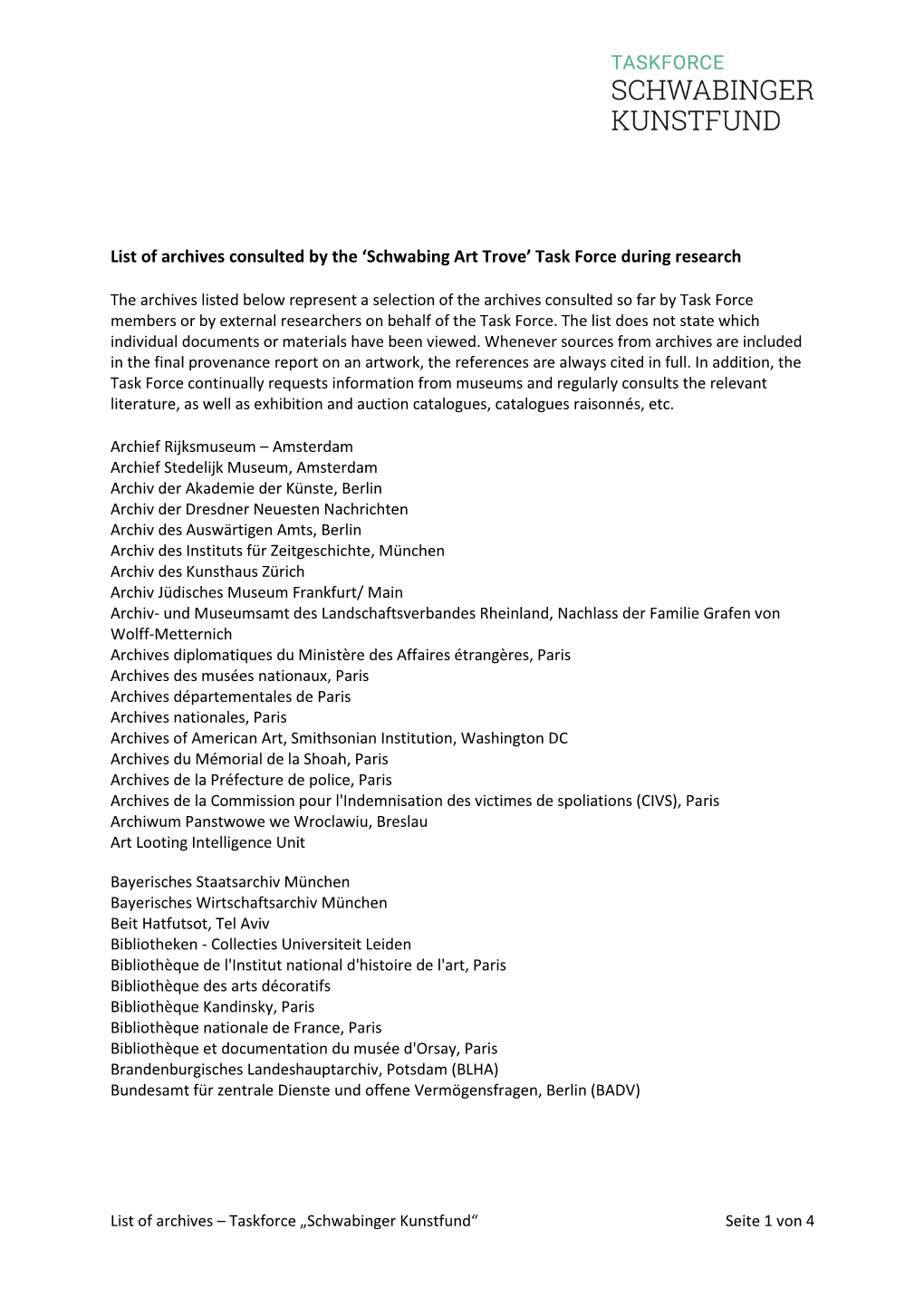 List of Archives Consulted by the ‘Schwabing Art Trove’ Task Force During Research