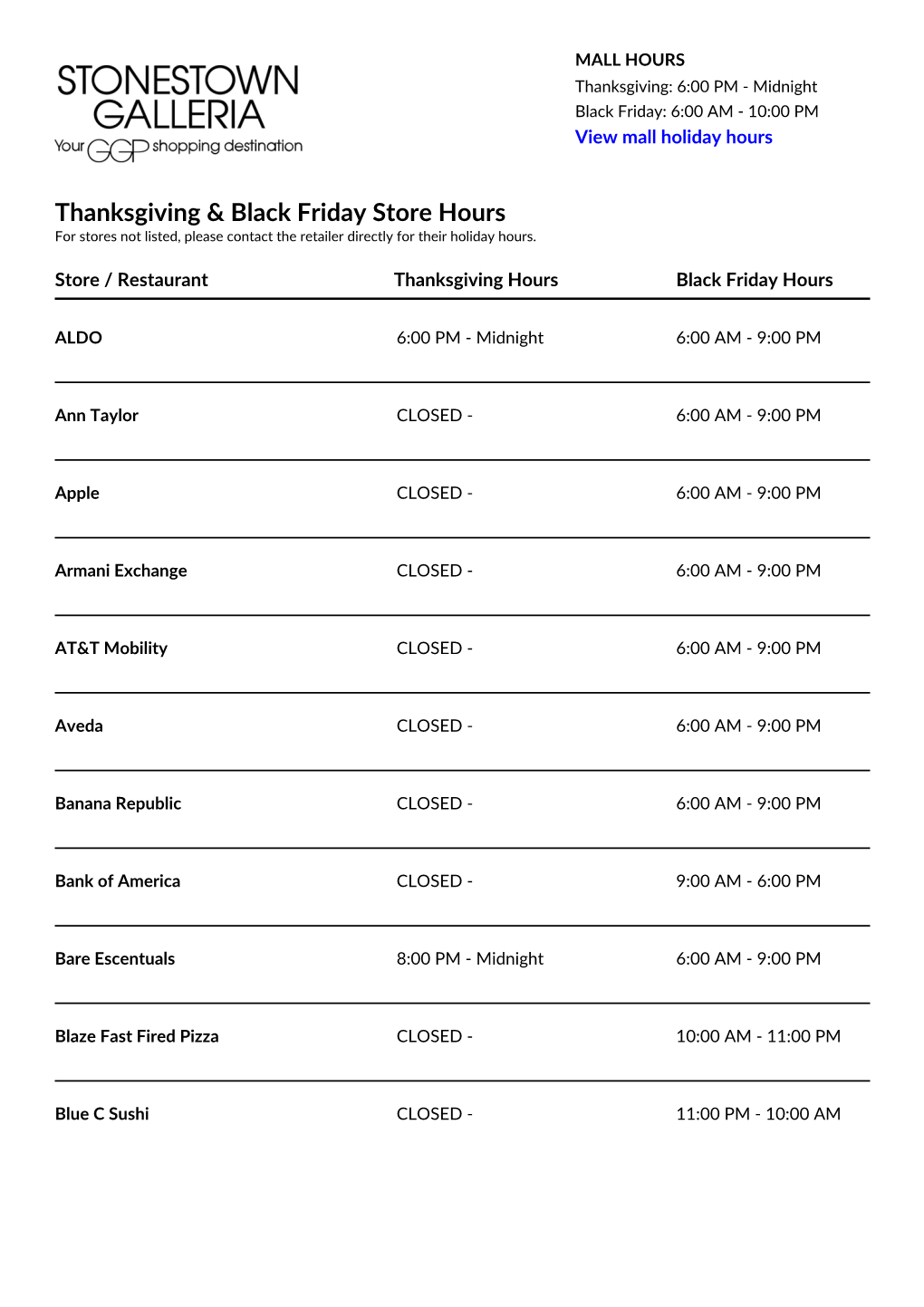 Thanksgiving & Black Friday Store Hours