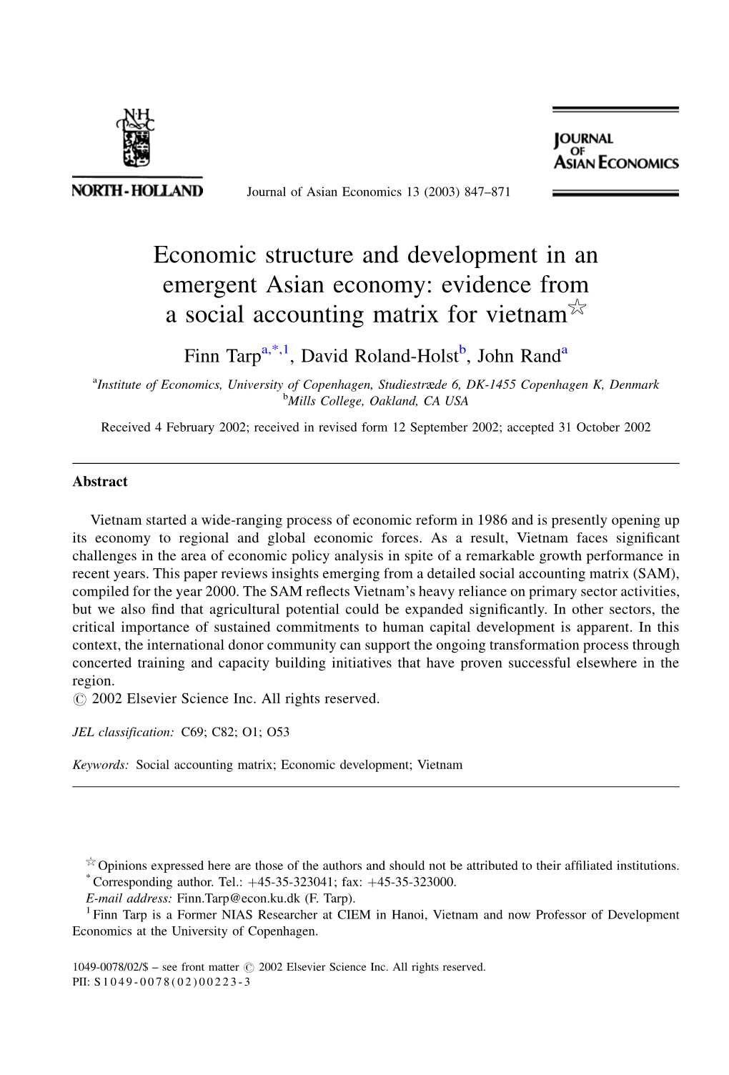 Evidence from a Social Accounting Matrix for Vietnam$