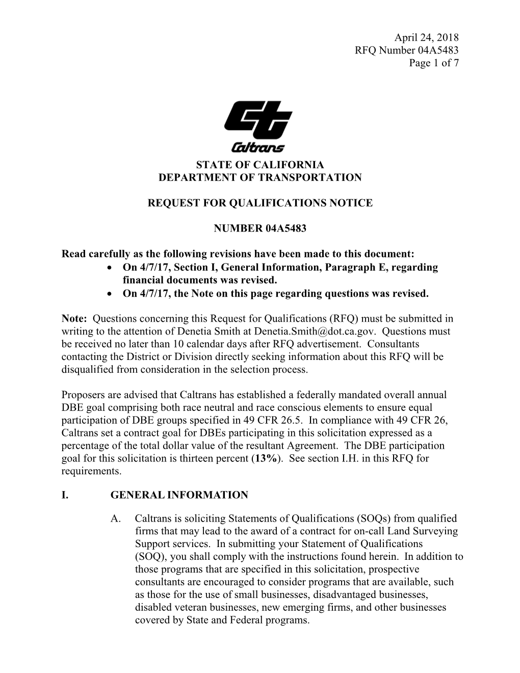 April 24, 2018 RFQ Number 04A5483 Page 1 of 7 STATE OF