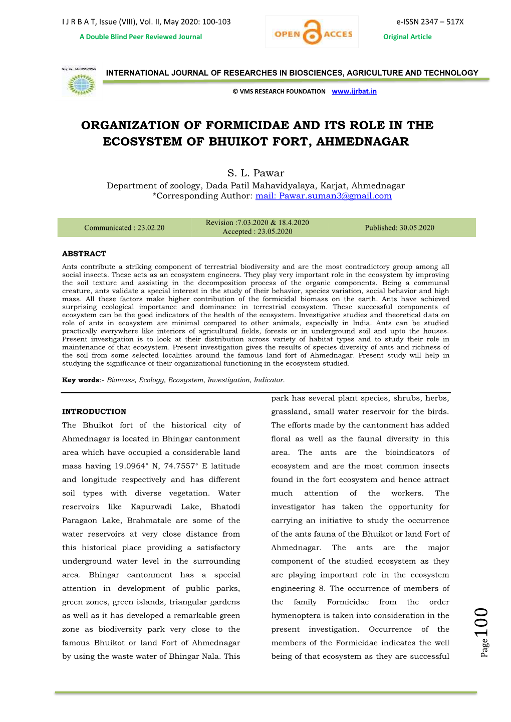 Organization of Formicidae and Its Role in the Ecosystem of Bhuikot Fort, Ahmednagar