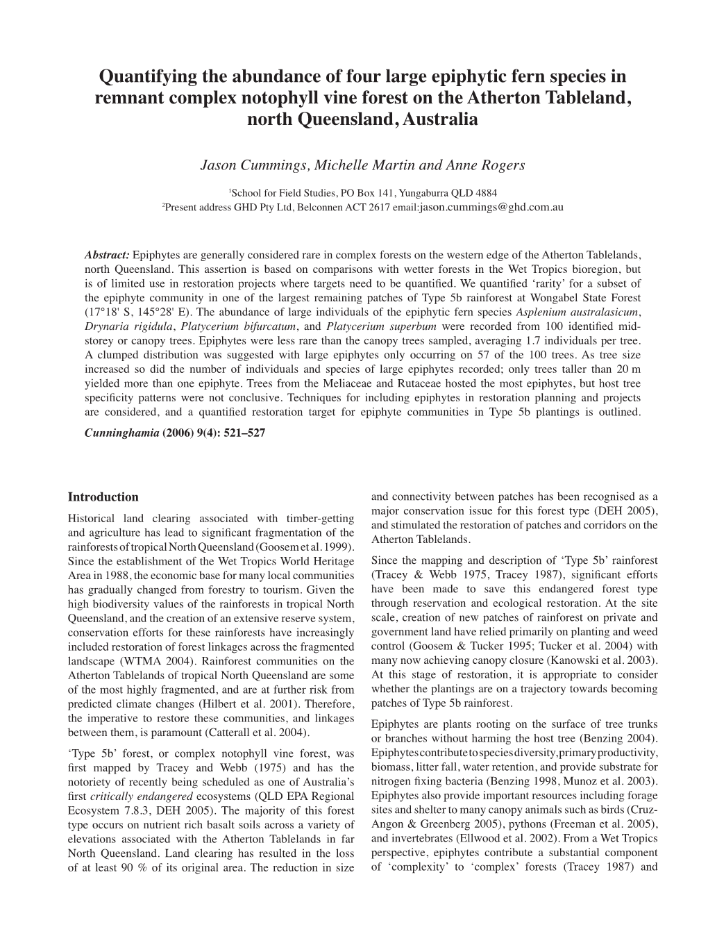 Quantifying the Abundance of Four Large Epiphytic Fern Species in Remnant Complex Notophyll Vine Forest on the Atherton Tableland, North Queensland, Australia