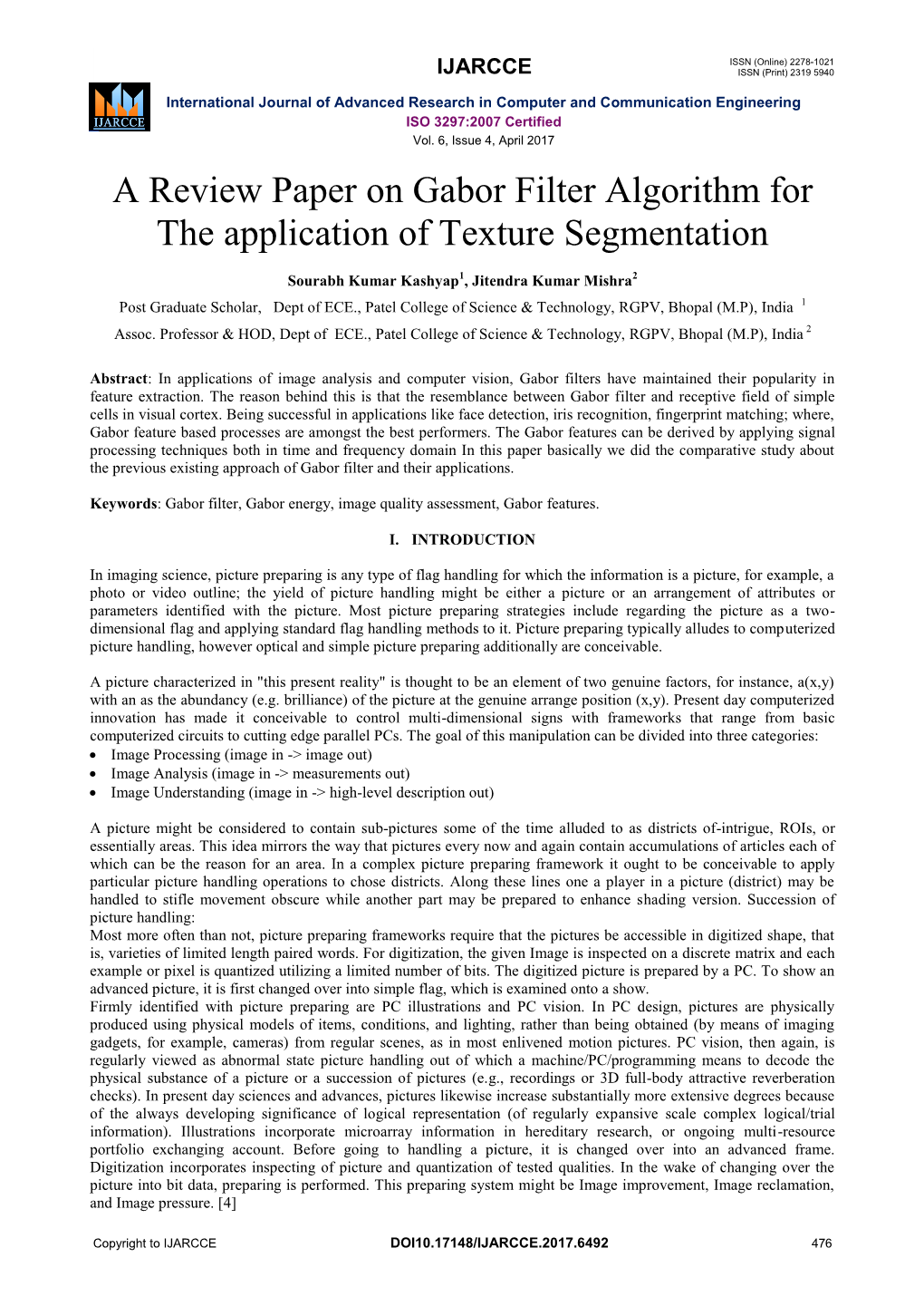 A Review Paper on Gabor Filter Algorithm for the Application of Texture Segmentation