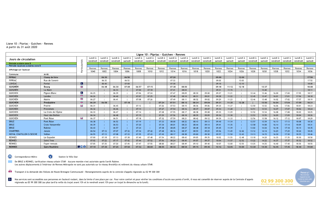Ligne 10 : Pipriac - Guichen - Rennes a Partir Du 31 Août 2020