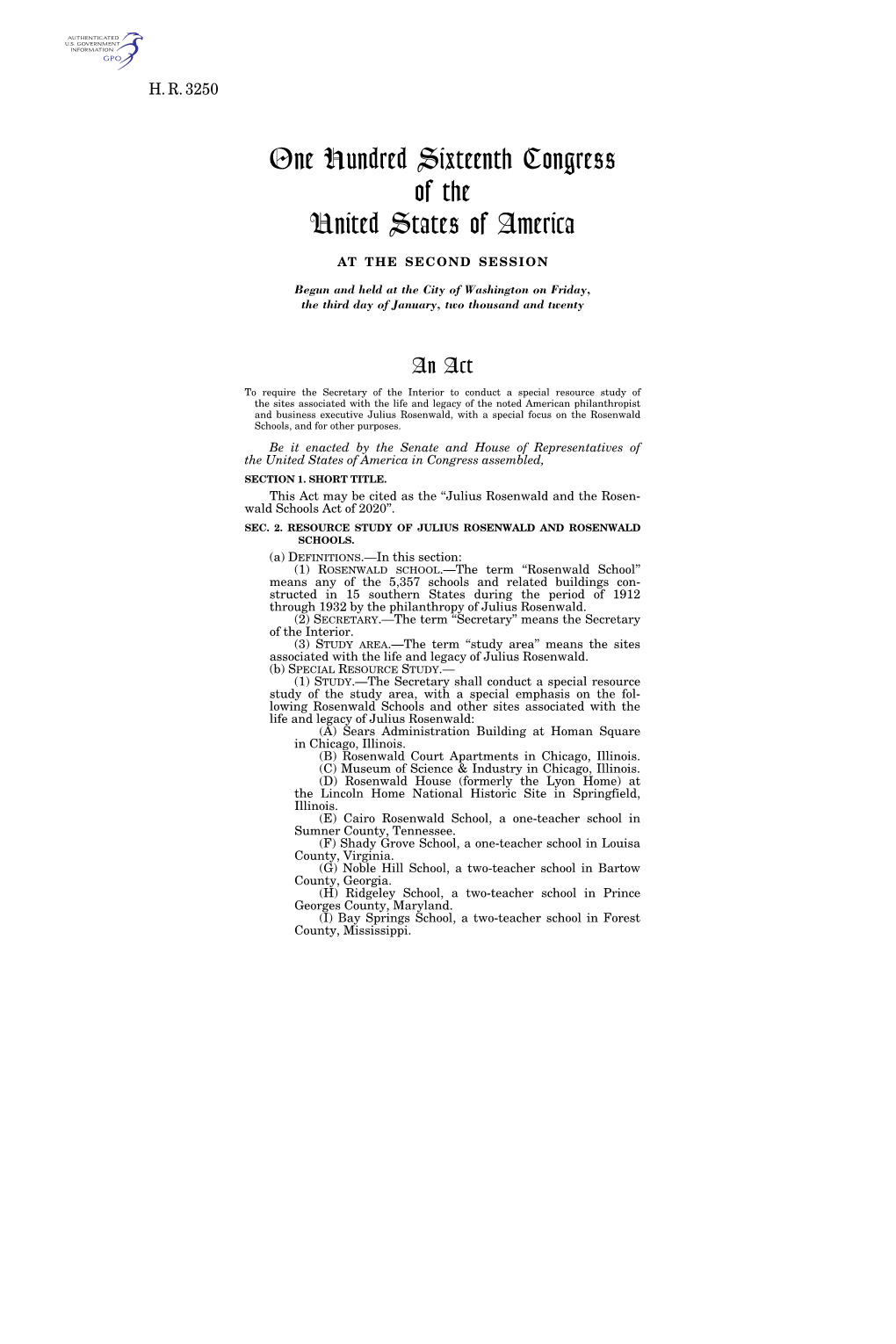 One Hundred Sixteenth Congress of the United States of America