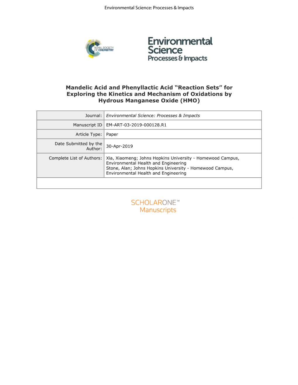 Mandelic Acid and Phenyllactic Acid “Reaction Sets” for Exploring the Kinetics and Mechanism of Oxidations by Hydrous Manganese Oxide (HMO)