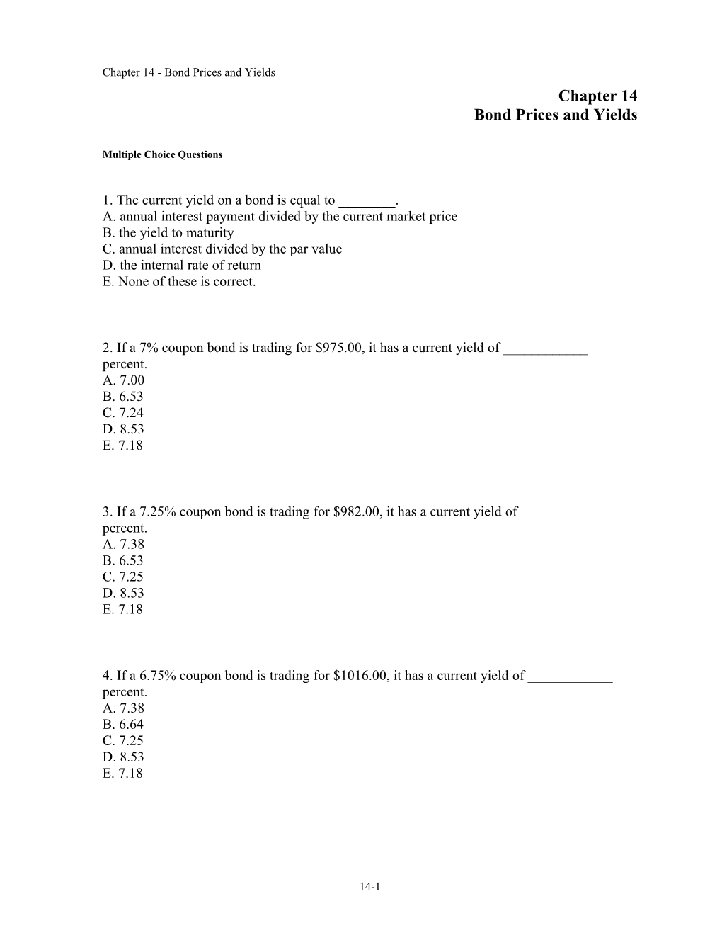 Chapter 14 Bond Prices and Yields