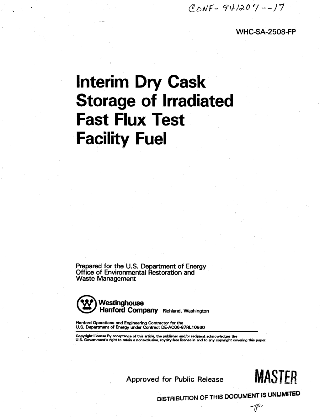 Interim Dry Cask Storage of Irradiated Fast Flux Test Facility Fuel