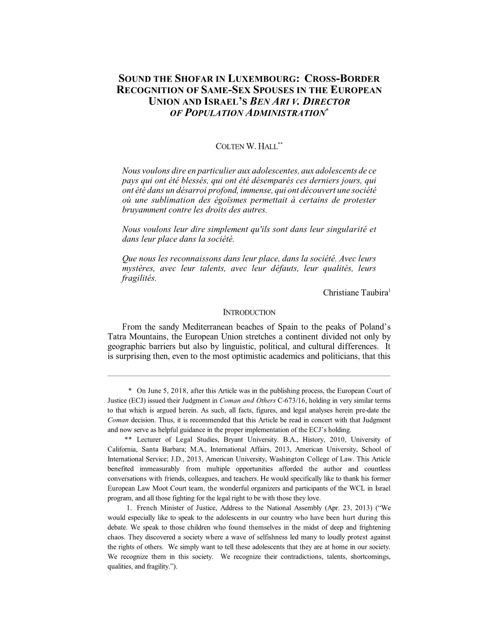 Sound the Shofar in Luxembourg: Cross-Border Recognition of Same-Sex Spouses in the European Union and Israel’S Ben Ari V