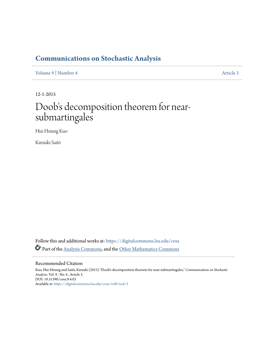 Doob's Decomposition Theorem for Near-Submartingales," Communications on Stochastic Analysis: Vol