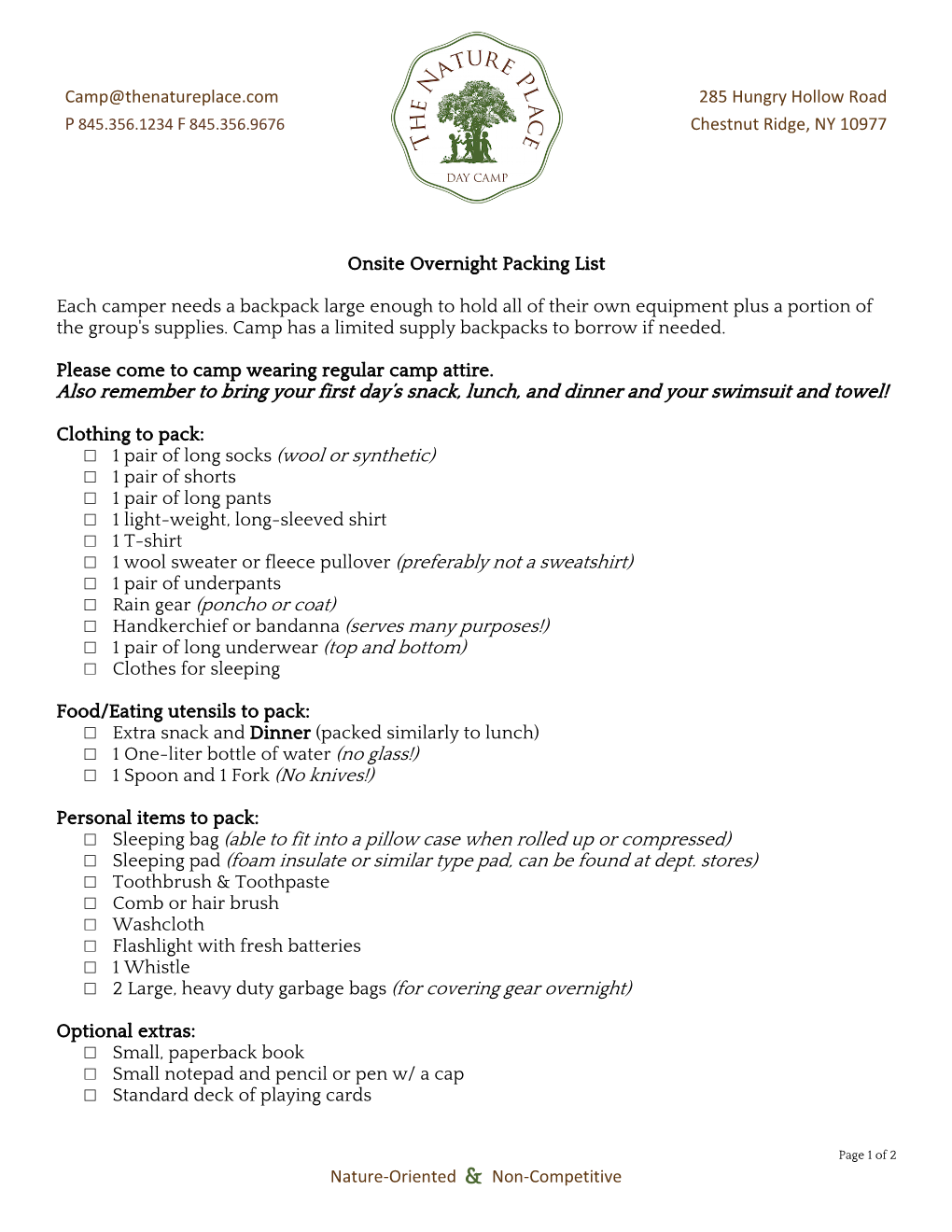 Onsite Overnight Packing List Each Camper Needs a Backpack Large