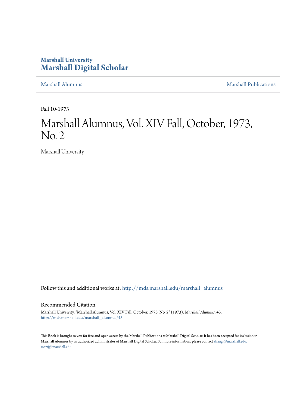 Marshall Alumnus, Vol. XIV Fall, October, 1973, No. 2 Marshall University