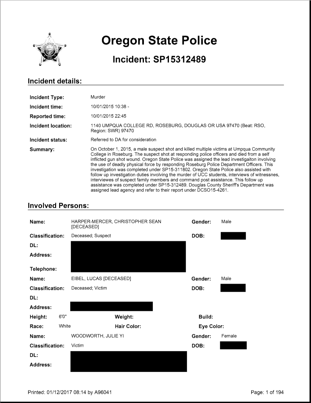 Oregon State Police Incident: SP15312489