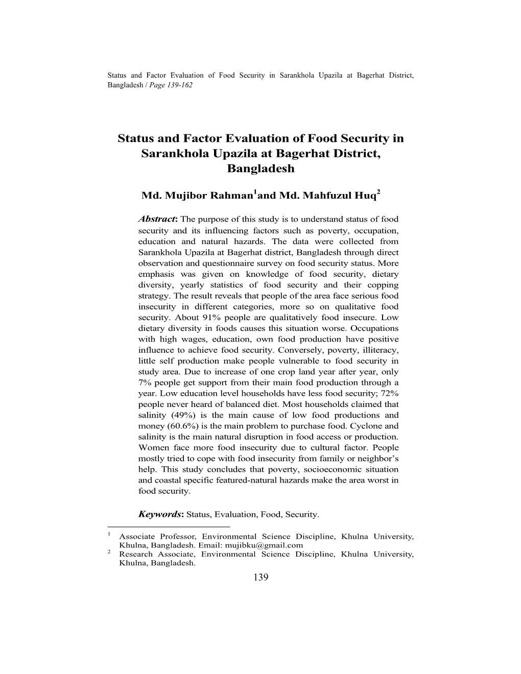 Status and Factor Evaluation of Food Security in Sarankhola Upazila at Bagerhat District, Bangladesh / Page 139-162