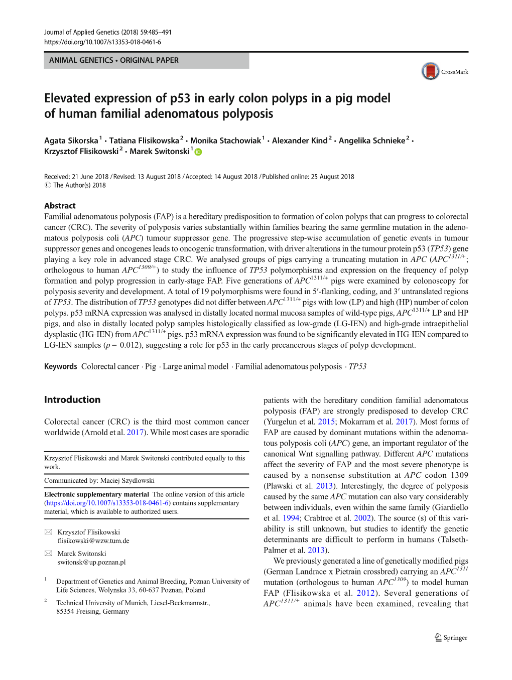 Elevated Expression of P53 in Early Colon Polyps in a Pig Model of Human Familial Adenomatous Polyposis