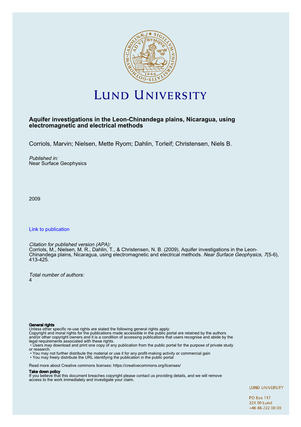 Aquifer Investigations in the Leon-Chinandega Plains, Nicaragua, Using Electromagnetic and Electrical Methods