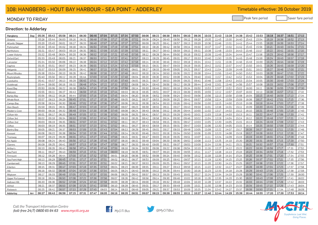 Hangberg - Hout Bay Harbour - Sea Point - Adderley Timetabletimetable Effective: Effective: 30 26 November October 20192013