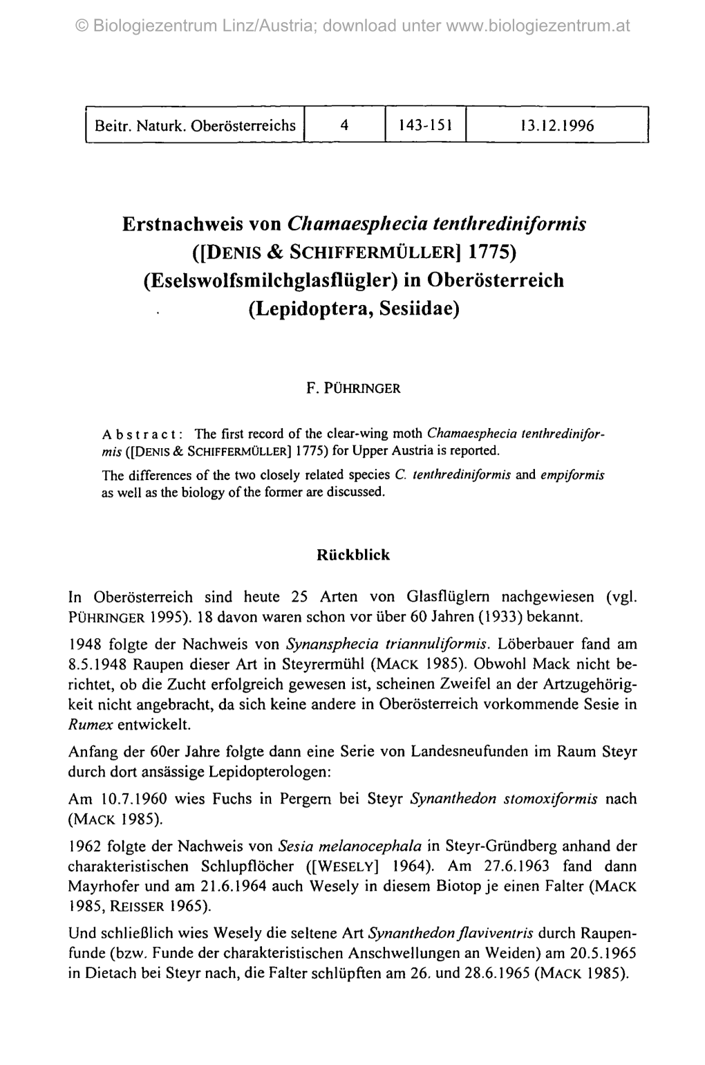 Erstnachweis Von Chamaesphecia Tenthrediniformis ([DENIS & SCHIFFERMÜLLER] 1775) (Eselswolfsmilchglasflügler) in Oberösterreich (Lepidoptera, Sesiidae)