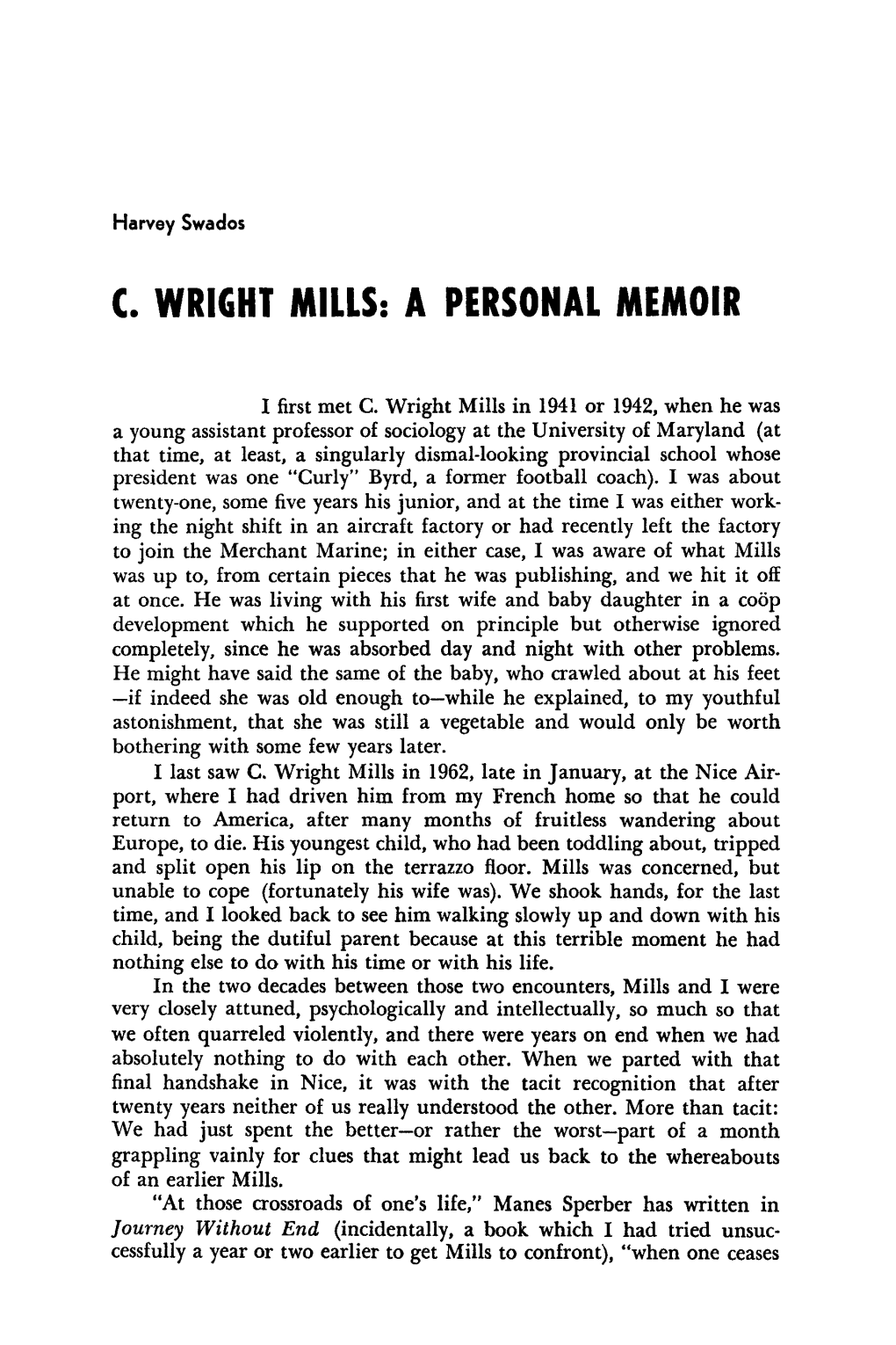 C. Wright Mills: a Personal Memoir