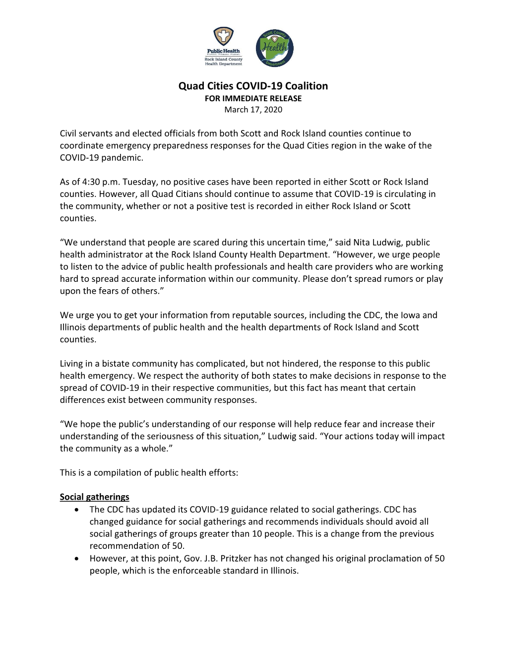 Quad Cities COVID-19 Coalition for IMMEDIATE RELEASE March 17, 2020