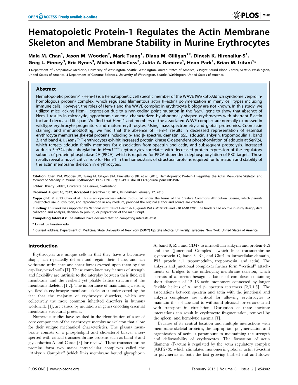 Hematopoietic Protein-1 Regulates the Actin Membrane Skeleton and Membrane Stability in Murine Erythrocytes