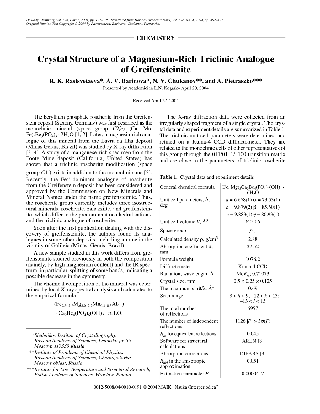 Crystal Structure of a Magnesium-Rich Triclinic Analogue of Greifensteinite R