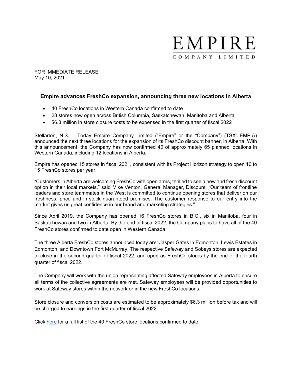 Empire Advances Freshco Expansion, Announcing Three New Locations in Alberta