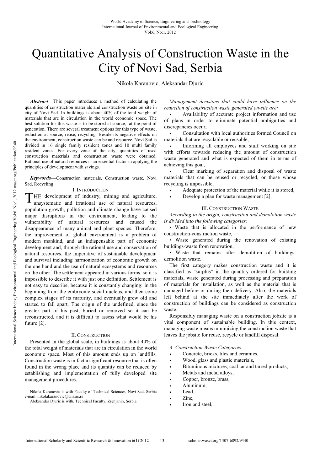 Quantitative Analysis of Construction Waste in the City of Novi Sad, Serbia