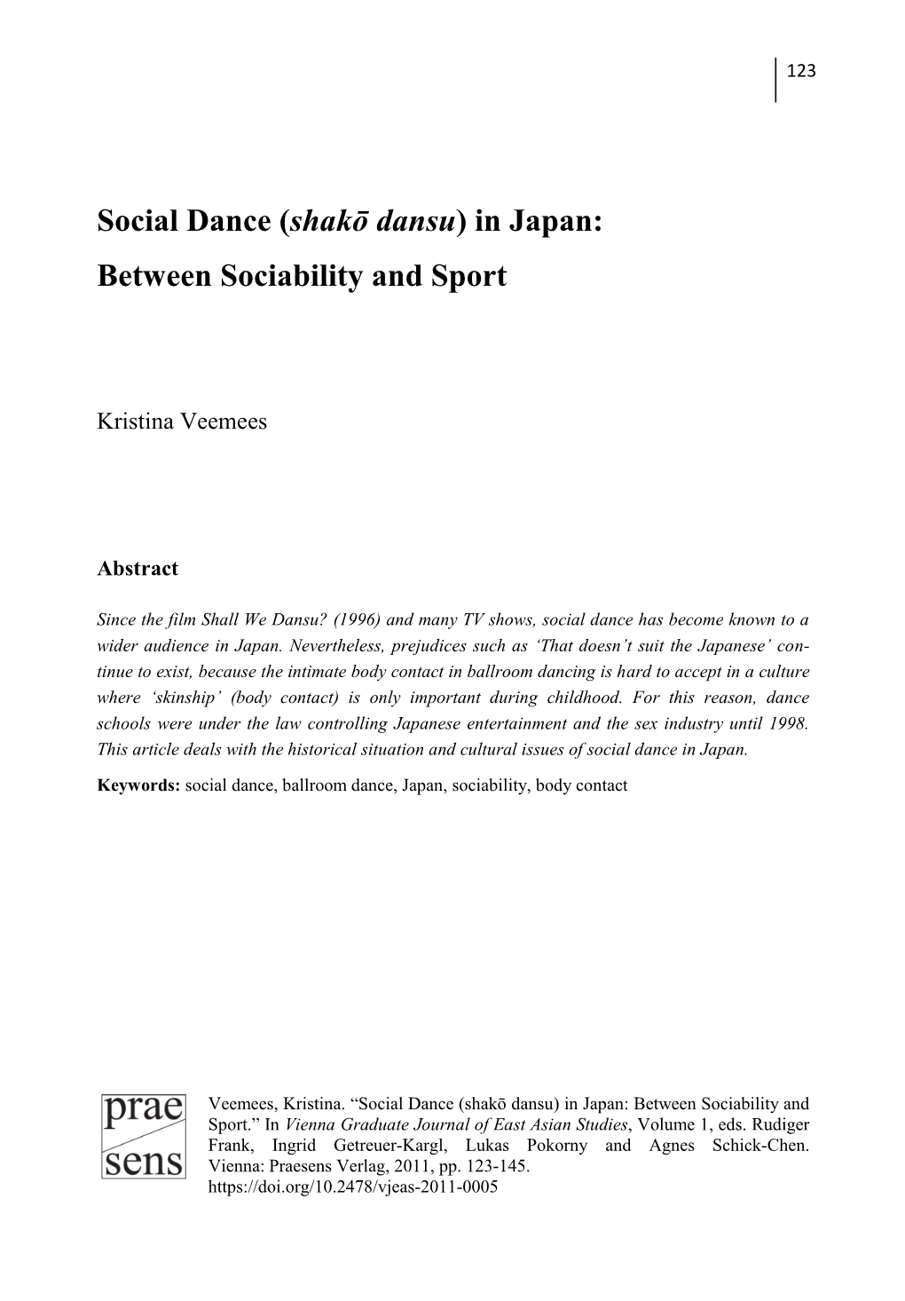 Social Dance (Shakō Dansu) in Japan: Between Sociability and Sport