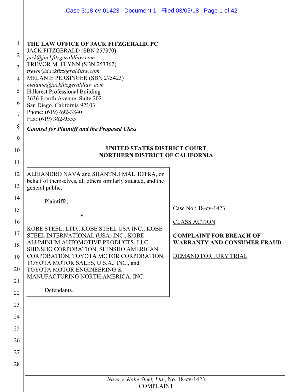 Nava V. Kobe Steel, Ltd., No. 18-Cv-1423 COMPLAINT Case 3:18-Cv-01423 Document 1 Filed 03/05/18 Page 2 of 42